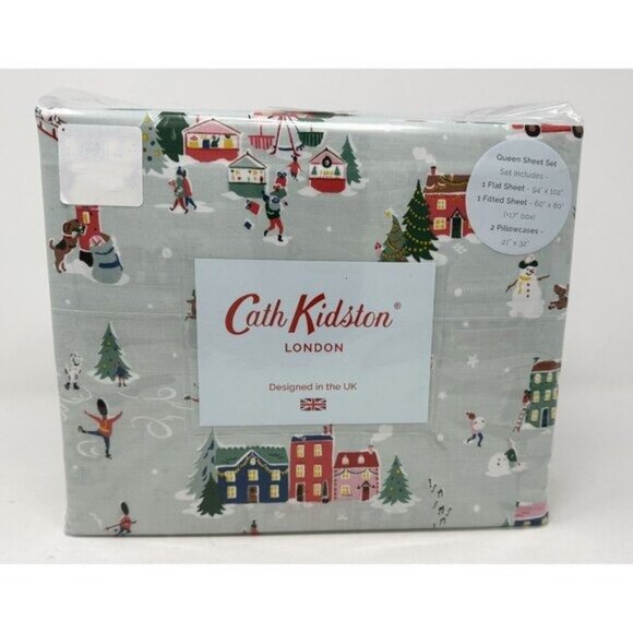 CATH KIDSTON SNOW DAY Queen Sheet Set Duckegg Winter Christmas Village NIB NEW - Picture 1 of 6